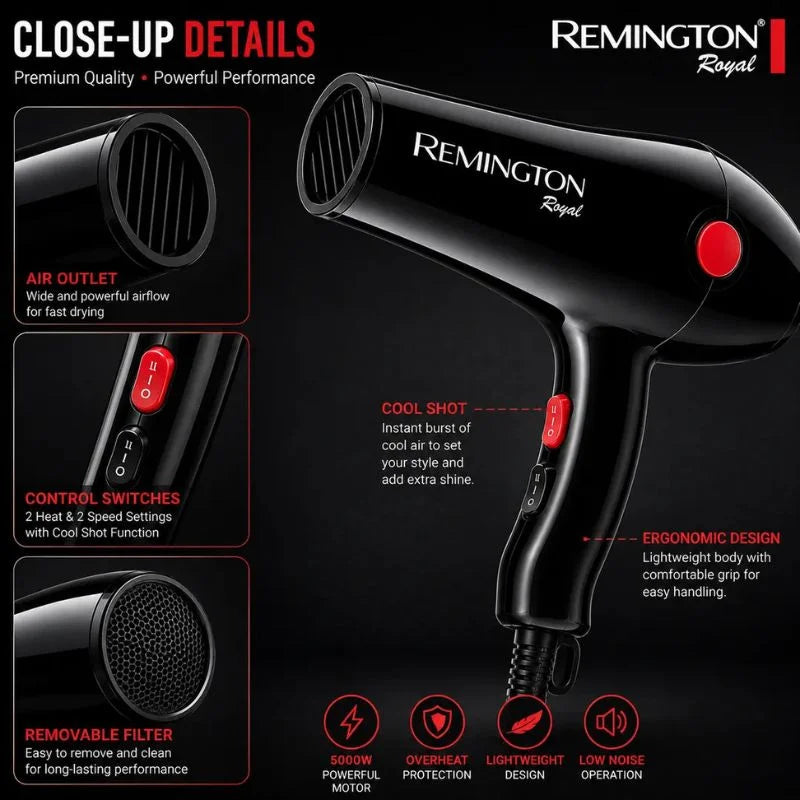 Remington Royal Style House Hair Dryer  | Model S-6004 | Fast Drying | Cool Shot Function | 5000W