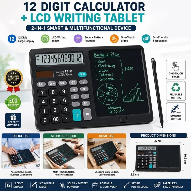 Functional Calculator with LCD Writing Tablet | Model DS-837X | 2-in-1 Digital Calculator & Reusable Notepad | Solar & Battery Powered | Stylus Pen